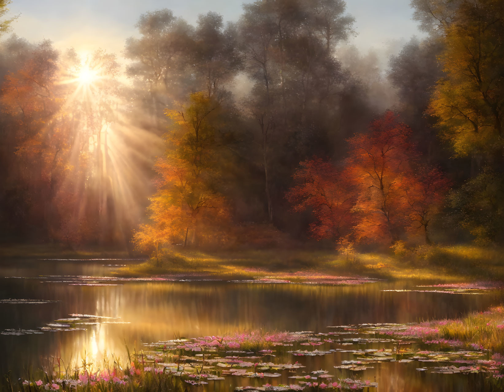 Autumn forest with sunburst, red trees, mist, and serene lake