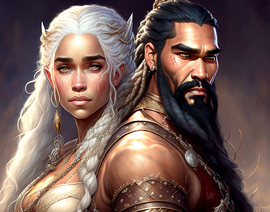 Fantasy Artwork: Pale-skinned Female with White Hair and Elf Ears Next to Muscular