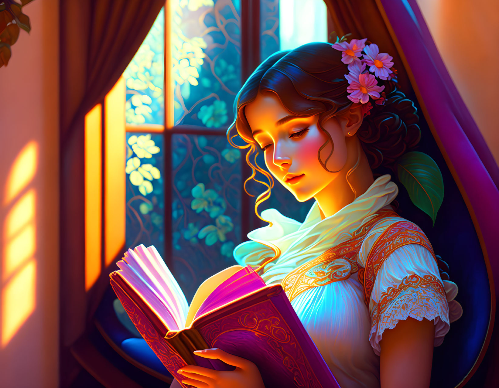 Young woman reading book by sunlit stained glass window.