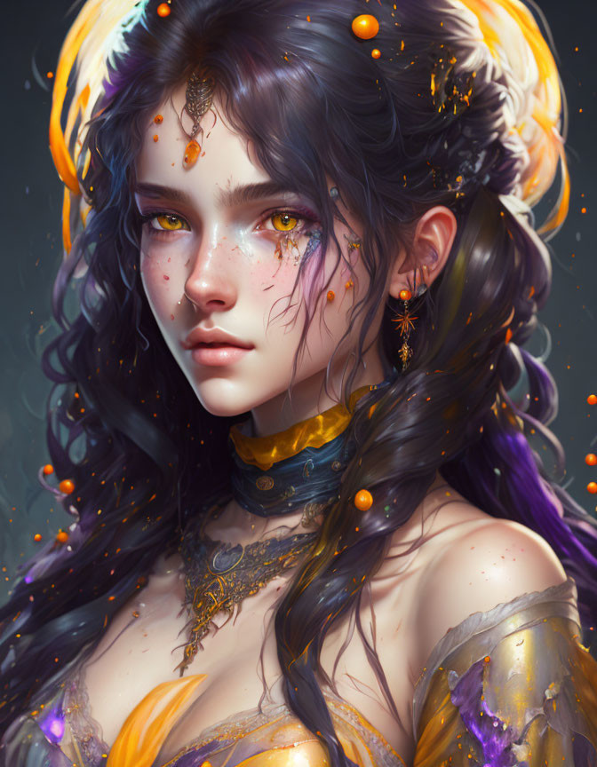 Digital portrait: Woman with purple eyes, gold and orange hair accents