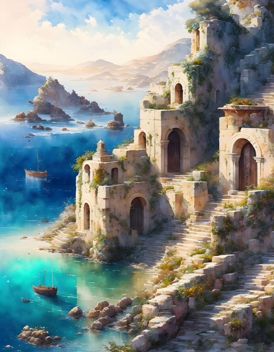 Sunlit ancient ruins and stone staircases in tranquil seaside setting