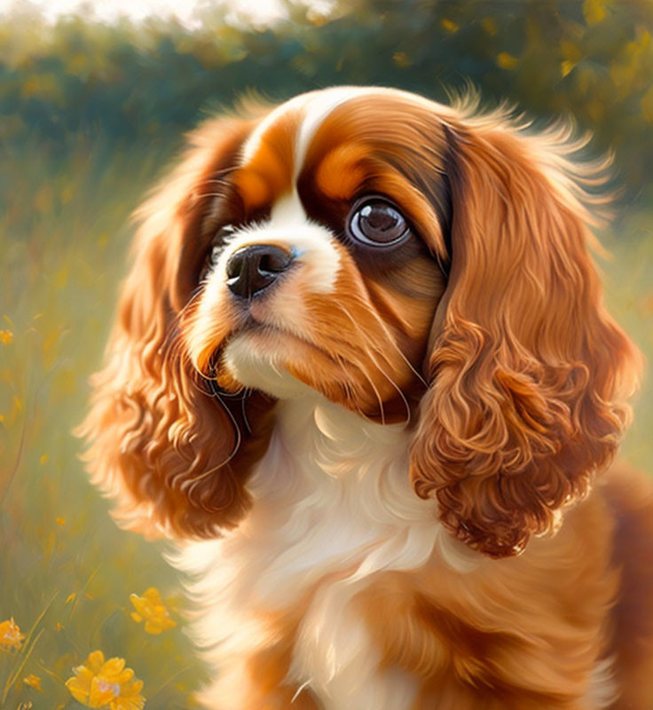 Brown and White Cavalier King Charles Spaniel Surrounded by Golden Flowers