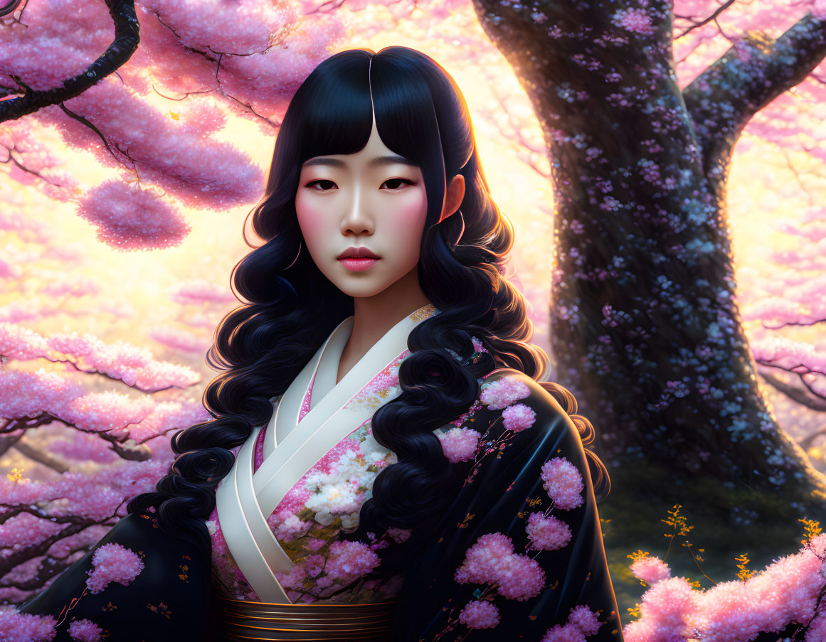 Illustrated woman in kimono under pink cherry blossoms