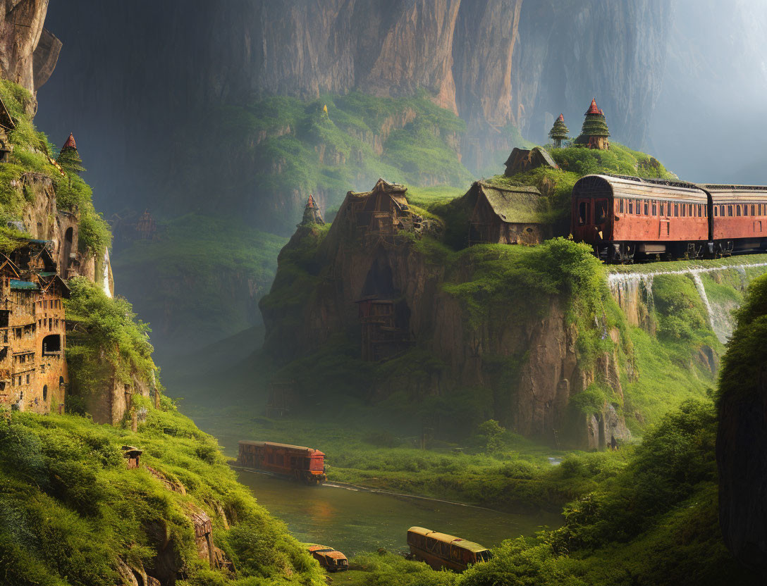 Vintage train journey through lush green fantasy landscape