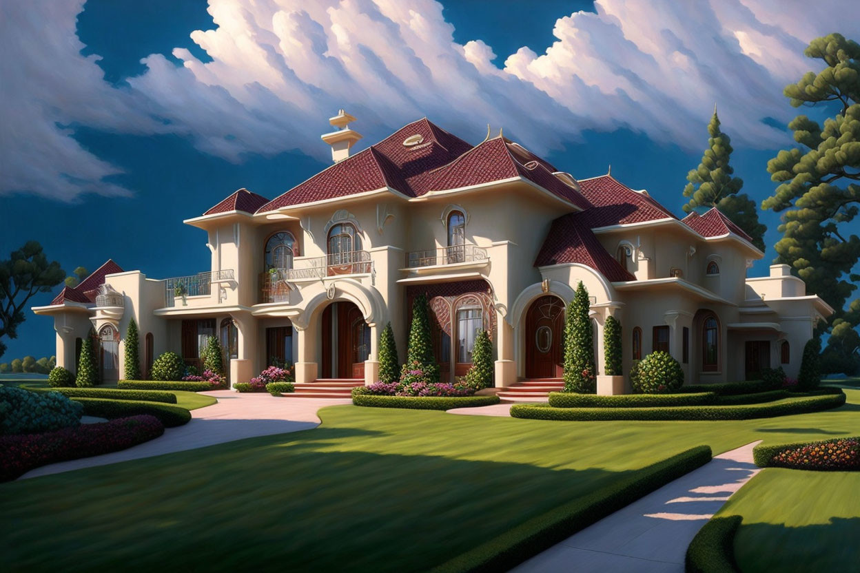 Luxurious Two-Story Mansion with Terracotta Roof Tiles and Arched Windows