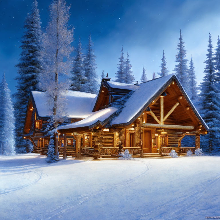 Snowy Twilight Scene: Cozy Log Cabin & Evergreens in Starry Night