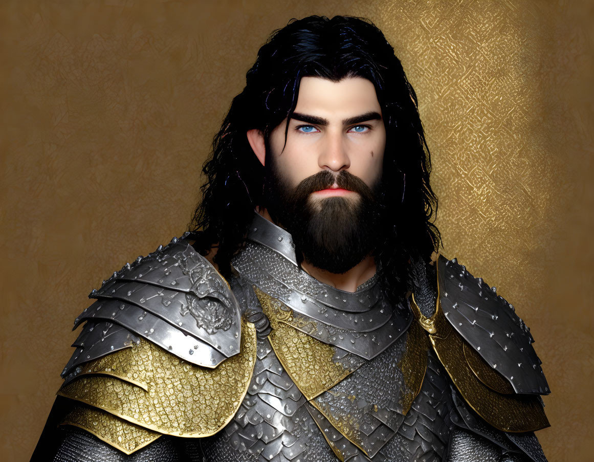 Medieval armor-clad bearded man digital portrait in ornate setting