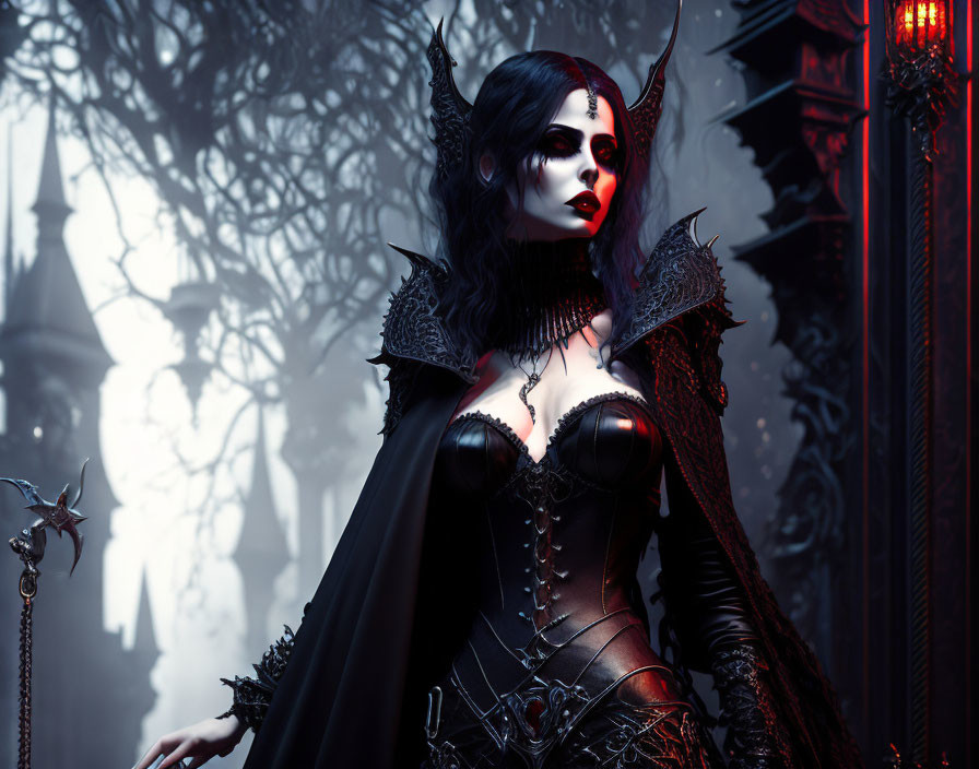 Gothic vampire woman with red eyes in black corset against misty backdrop