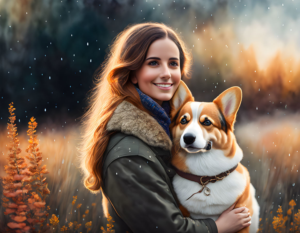 Brown-haired woman smiling with Corgi dog in autumnal setting.