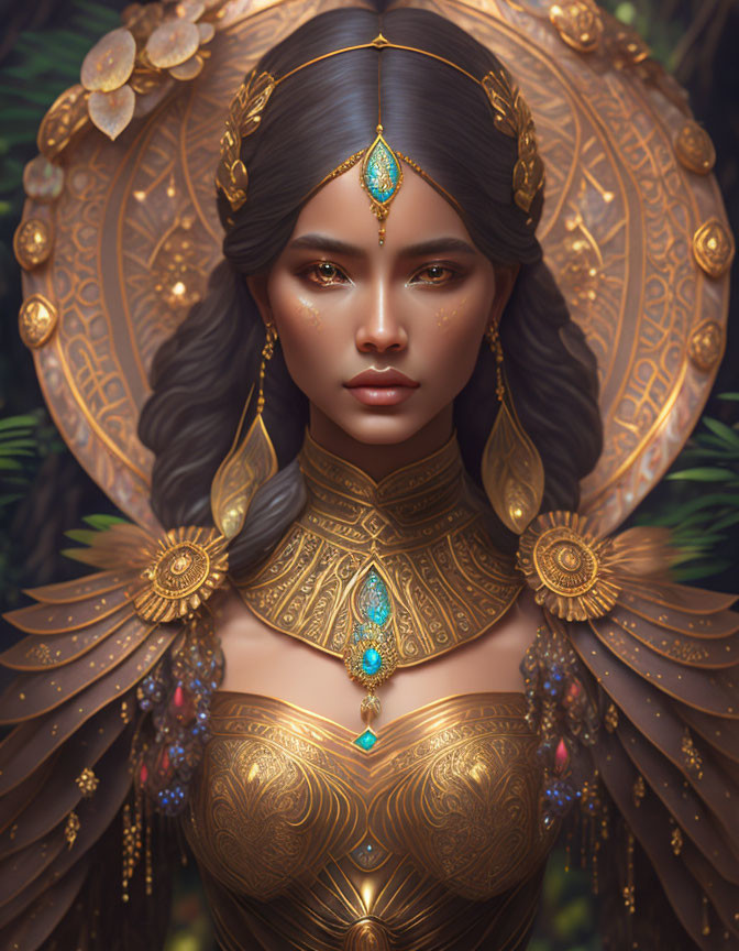 Regal woman in golden jewelry and headdress in mysterious forest setting