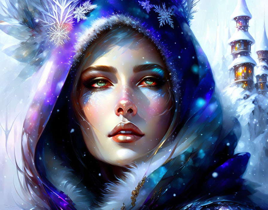 Digital artwork: Woman in snow attire with snowflakes, castle in wintry background