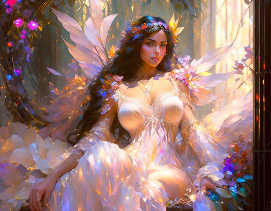 Digital artwork: Woman with glowing wings & floral crown in enchanted forest