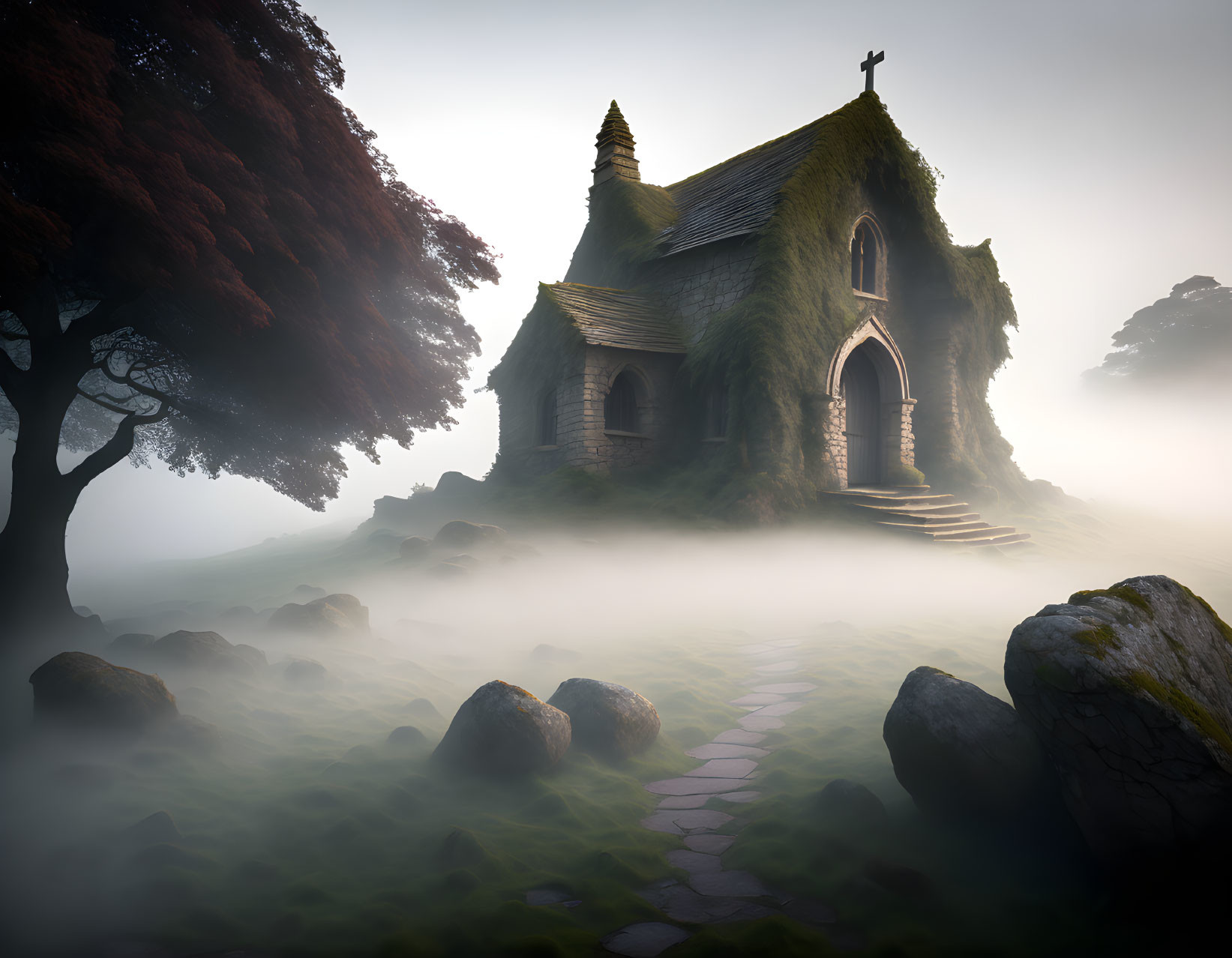 Moss-covered church in foggy landscape with stone pathway