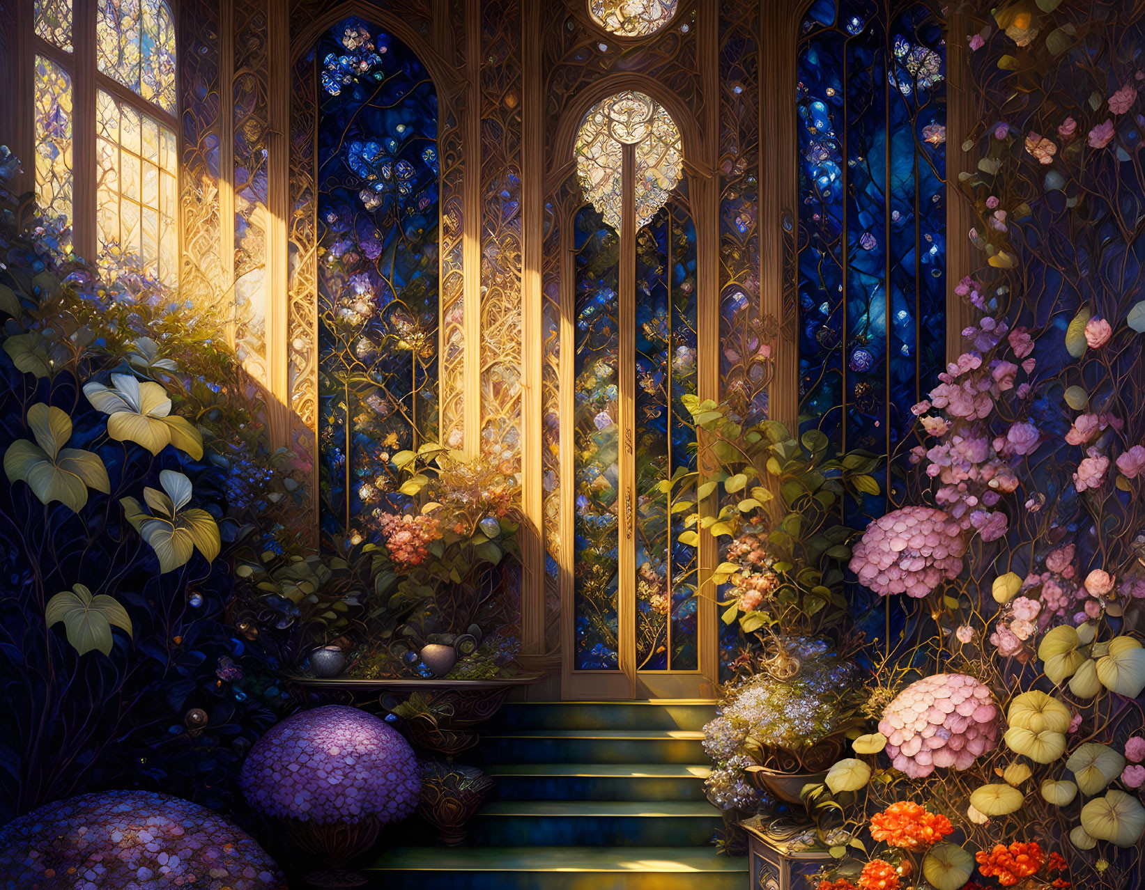 Enchanting illustration of magical garden at dusk