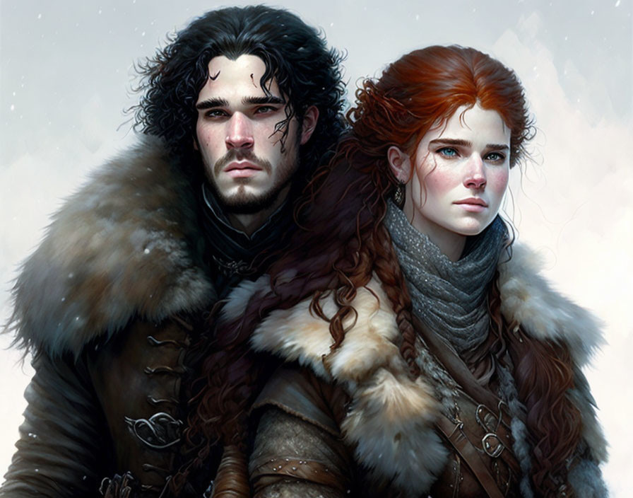 Medieval man and woman in fur cloaks in snowy setting