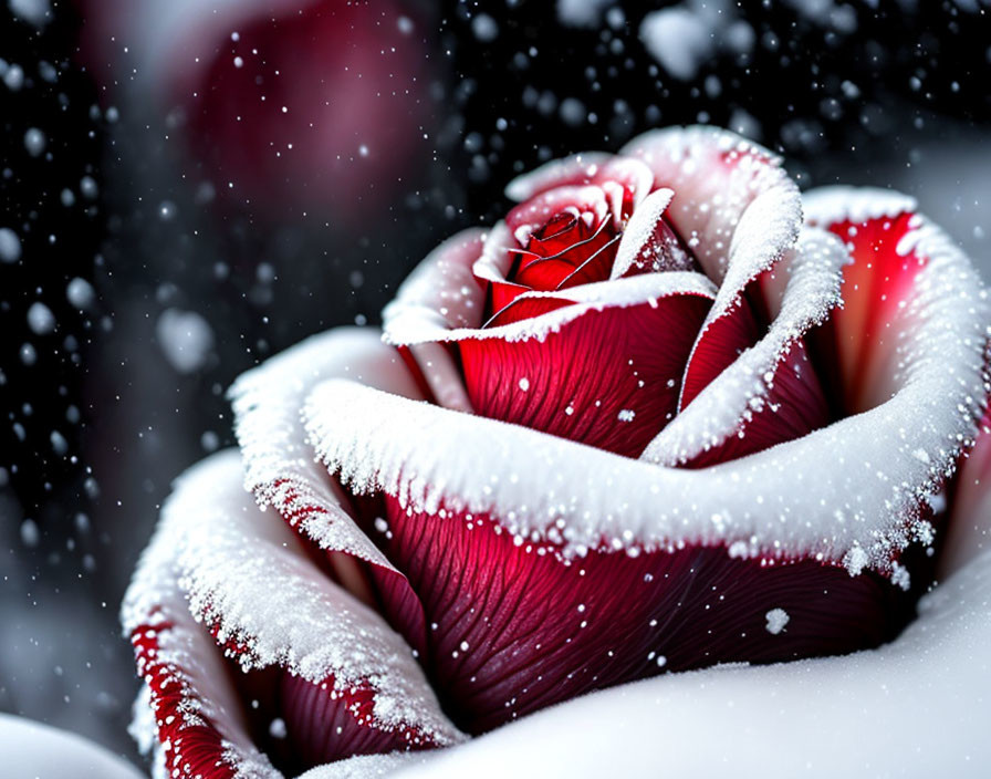 Red Rose Covered in White Snowflakes on Snowy Background