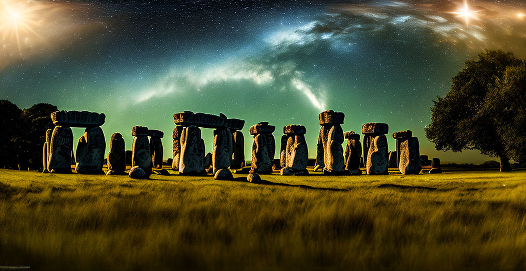 Ancient Stonehenge with Milky Way and Celestial Objects on Grassland