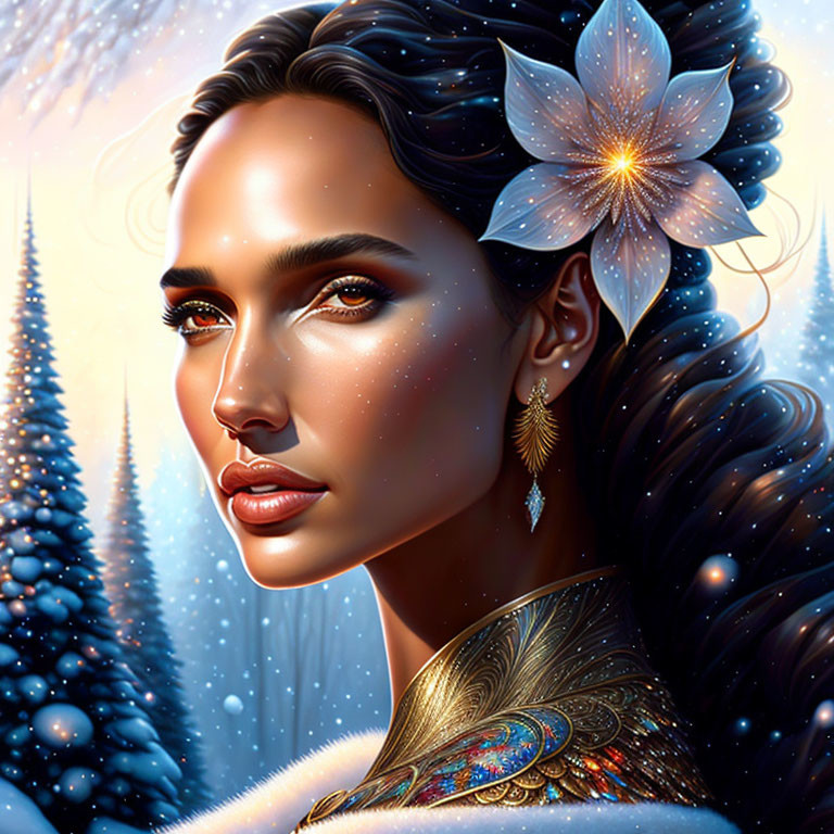 Digital artwork featuring woman with flower in hair, sparkles on skin, snowy trees.