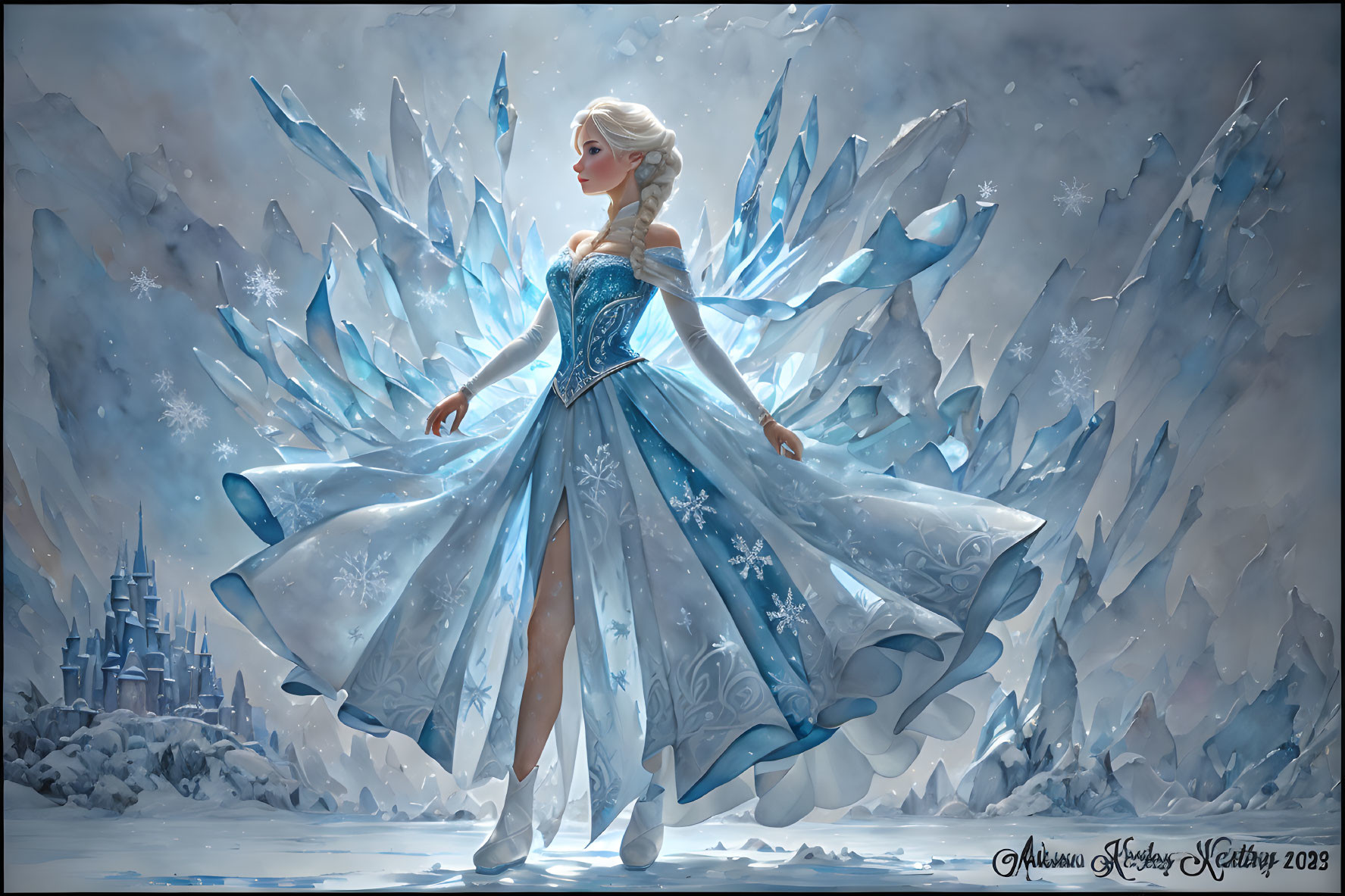 Ethereal ice-themed woman in frozen wing dress in snowy landscape