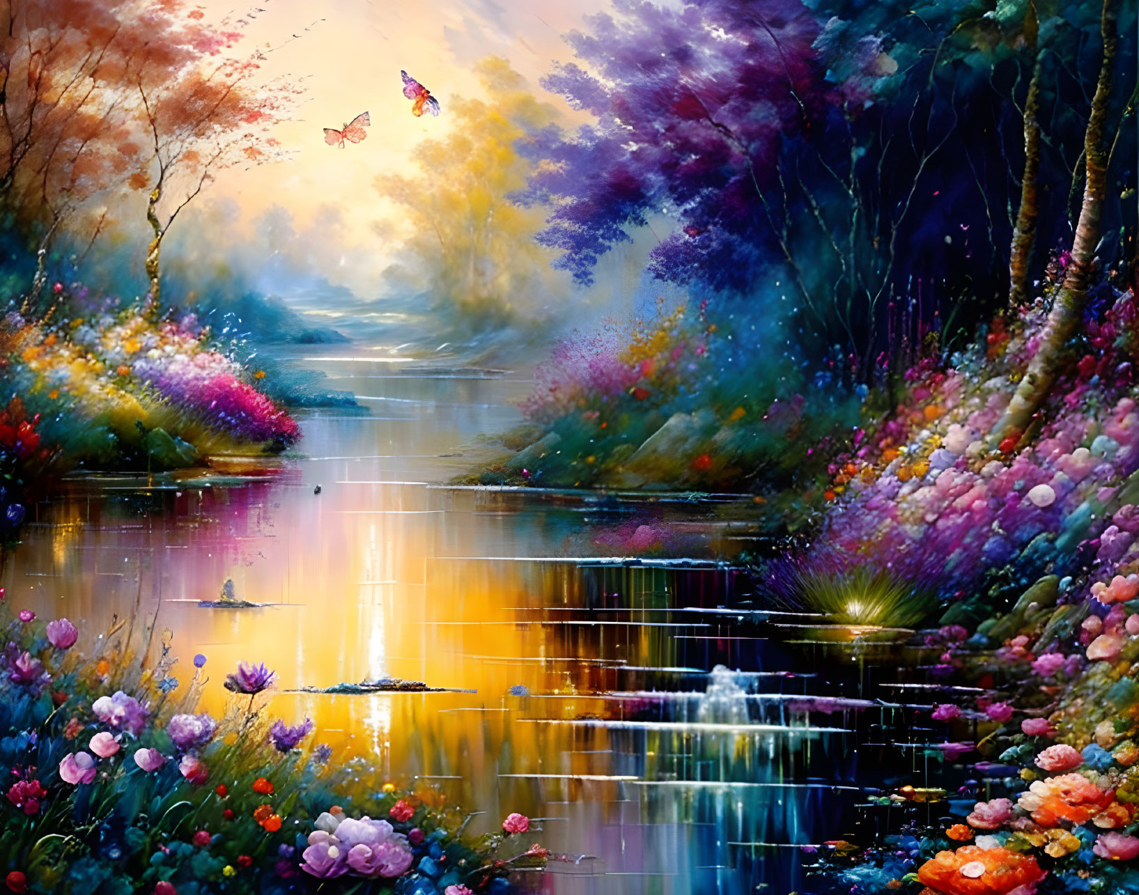 Colorful forest scene with sunset reflections, flowers, and butterfly