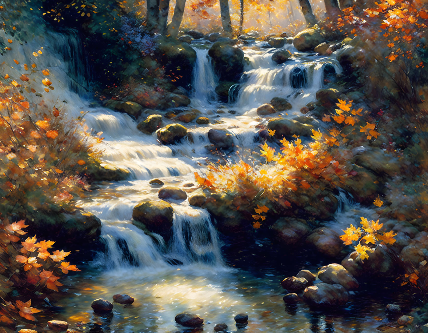 Tranquil autumn landscape with waterfalls, golden trees, and sunlight