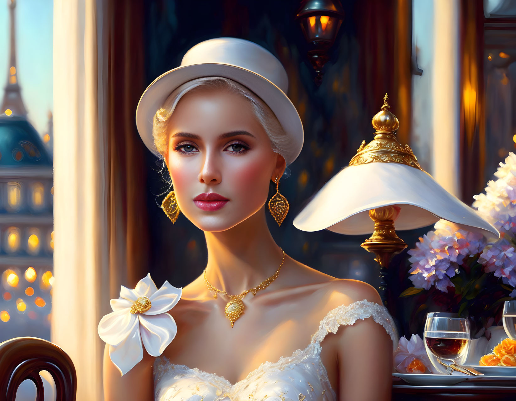 Stylish woman in white dress and hat with flower, gold jewelry, sitting by window with city