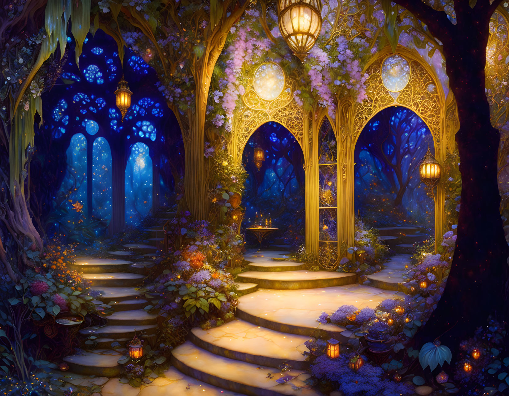 Enchanting fantasy garden with glowing lanterns and vibrant flowers