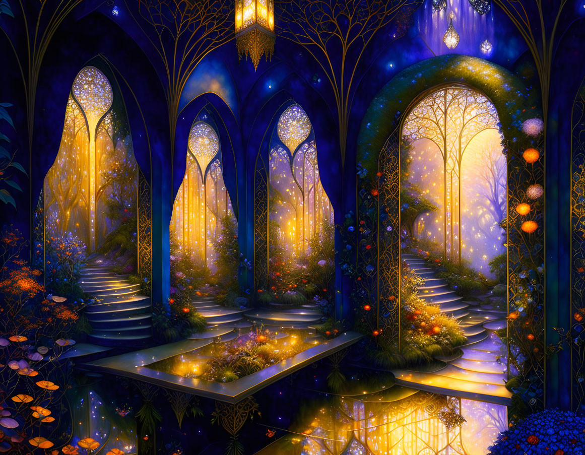 Enchanted forest with glowing lanterns, vibrant foliage, and starry sky