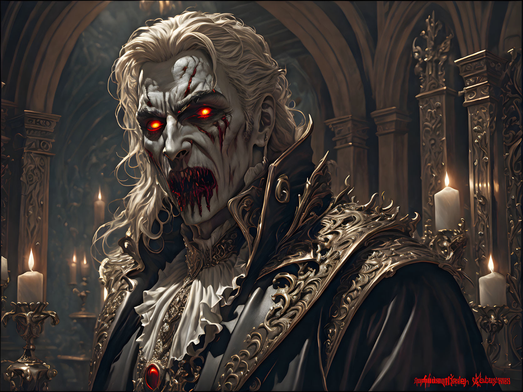 Majestic vampire in black and gold attire in gothic chamber