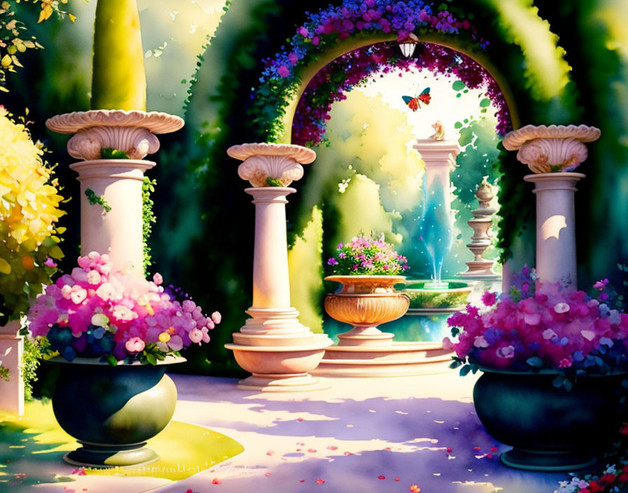 Classical garden scene with pillars, flowers, fountain, and butterfly