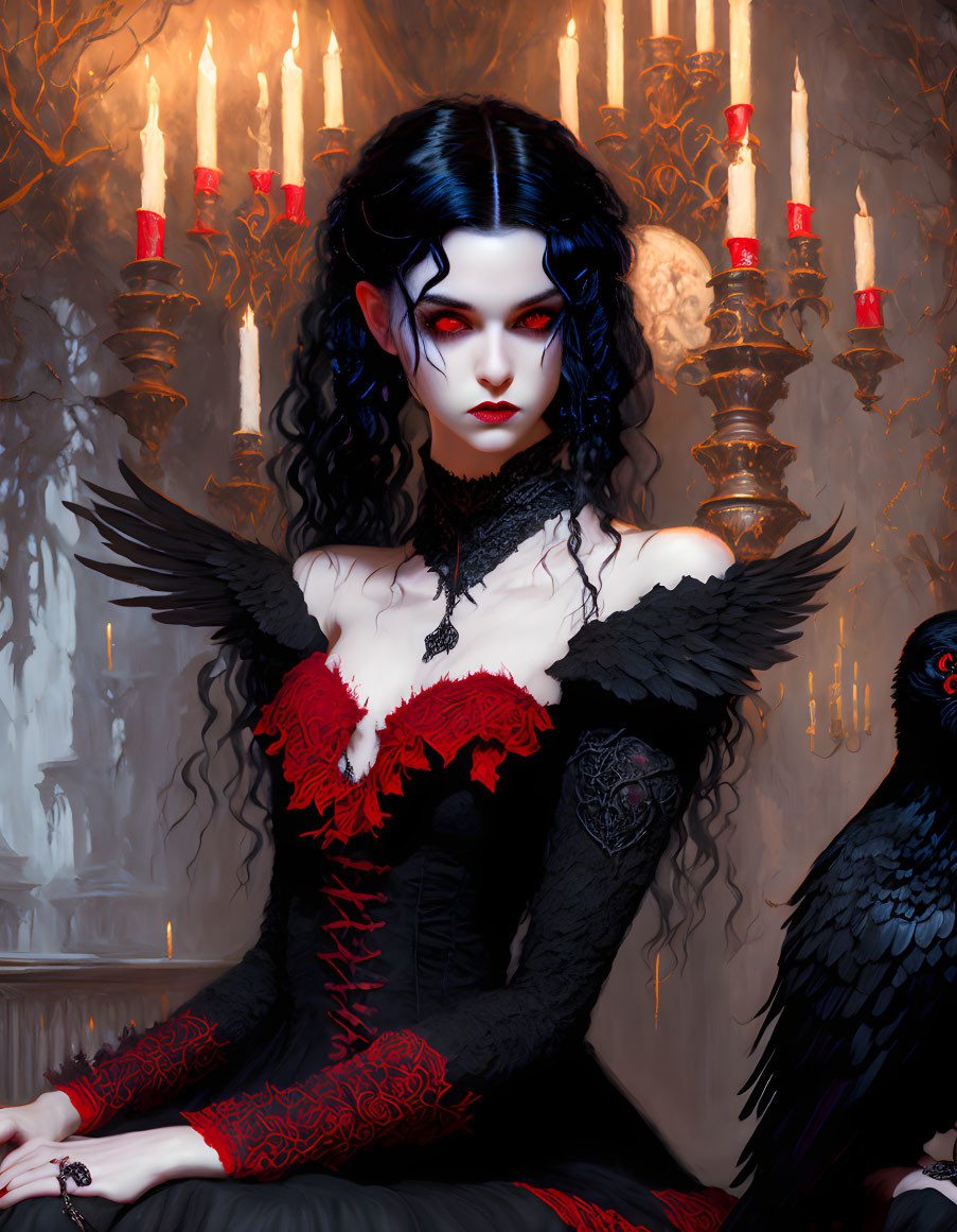 Gothic female character with pale skin, black hair, red eyes, and black raven in