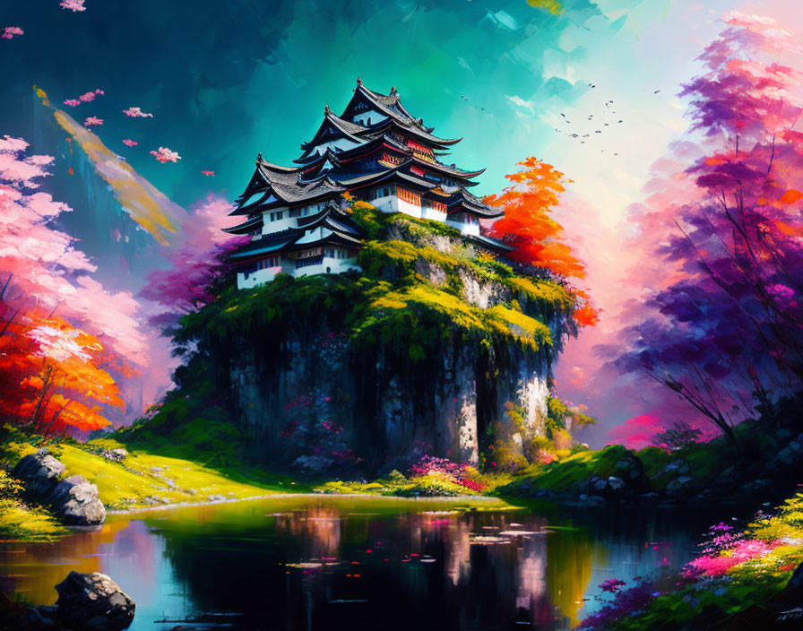 Japanese castle on cliff surrounded by autumn trees and serene lake