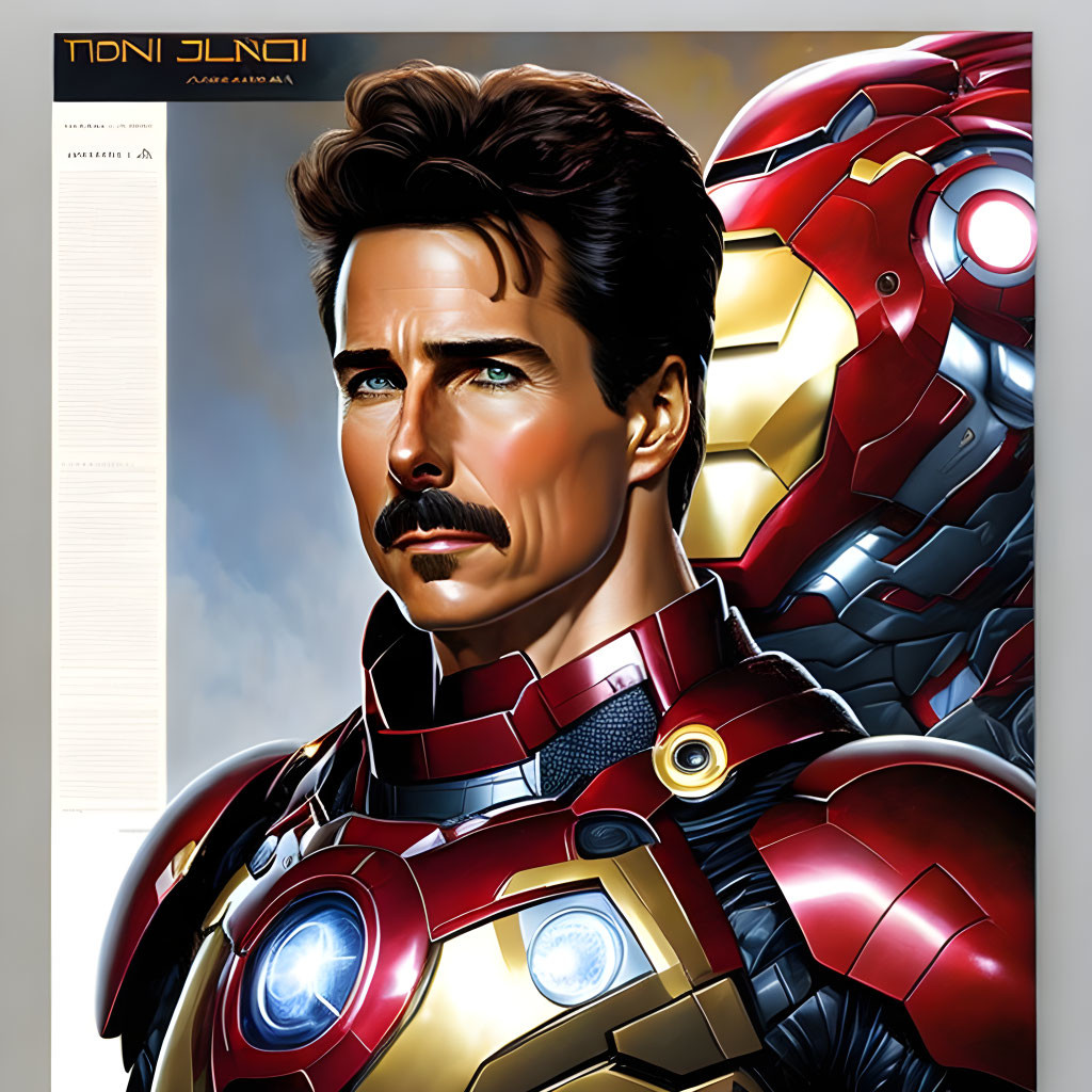 Man with well-groomed mustache in Iron Man suit with intense eyes