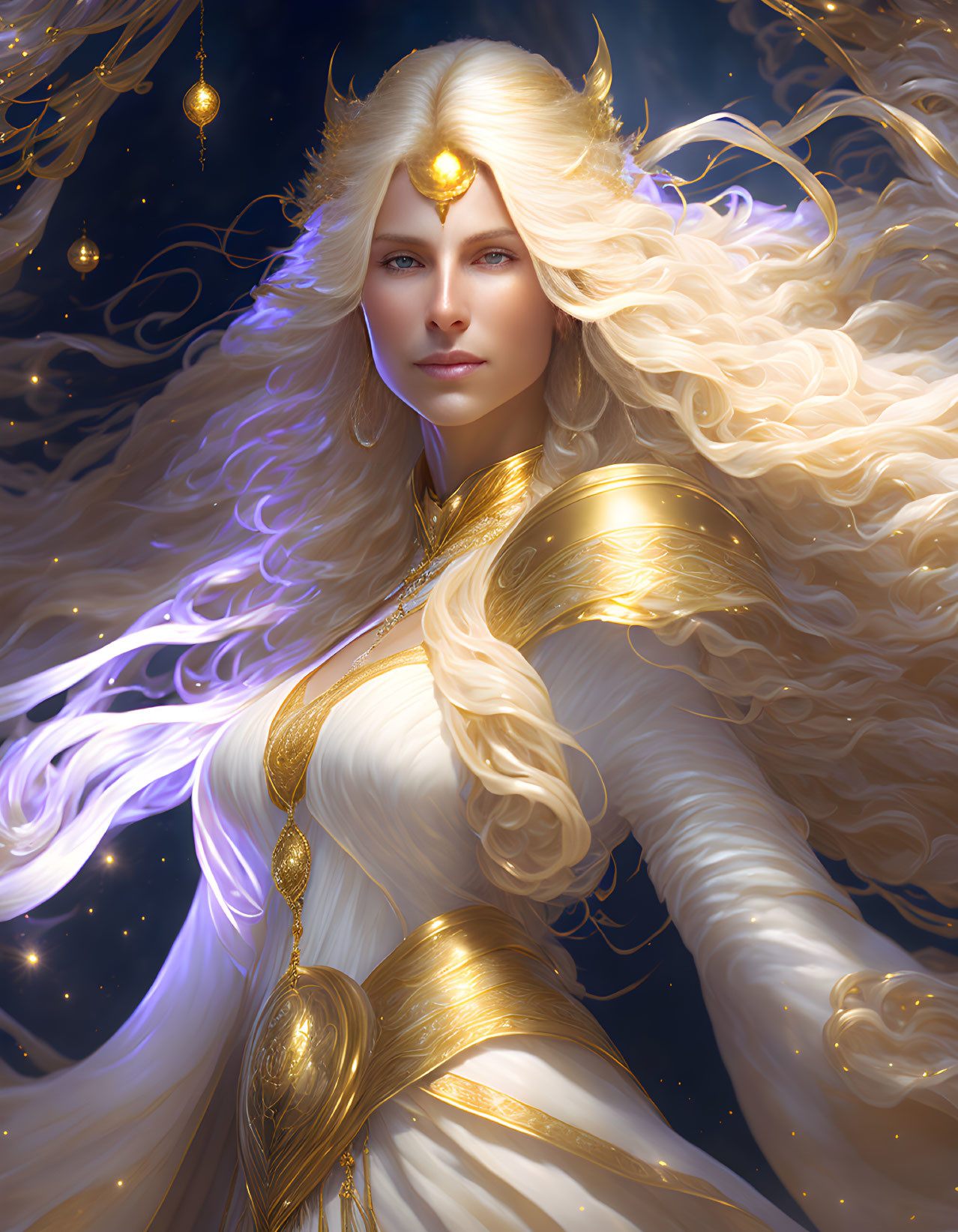 Fantasy illustration: Woman with golden hair, white attire, gold jewelry, celestial backdrop