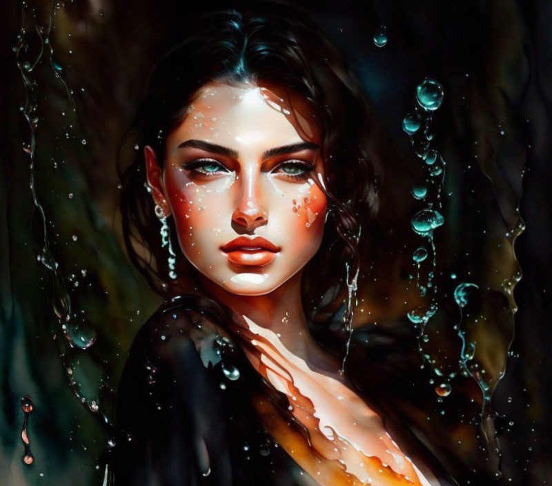 Digital Artwork: Woman with Wet Hair and Intense Gaze