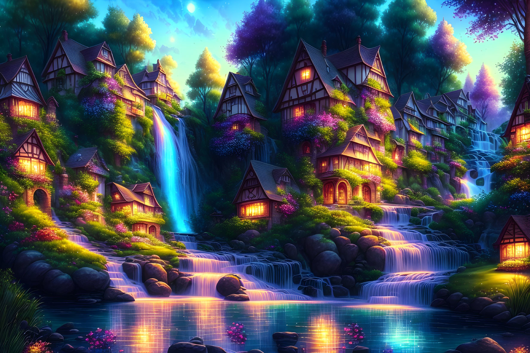 Enchanting fantasy village with thatched-roof houses and glowing lights in lush forest