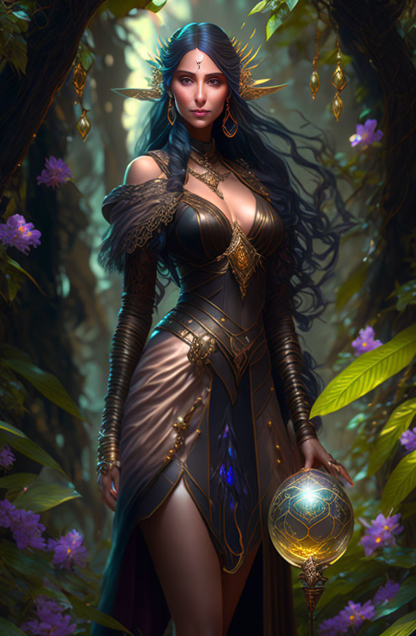 Illustration of female figure in fantasy armor holding orb in mystical forest