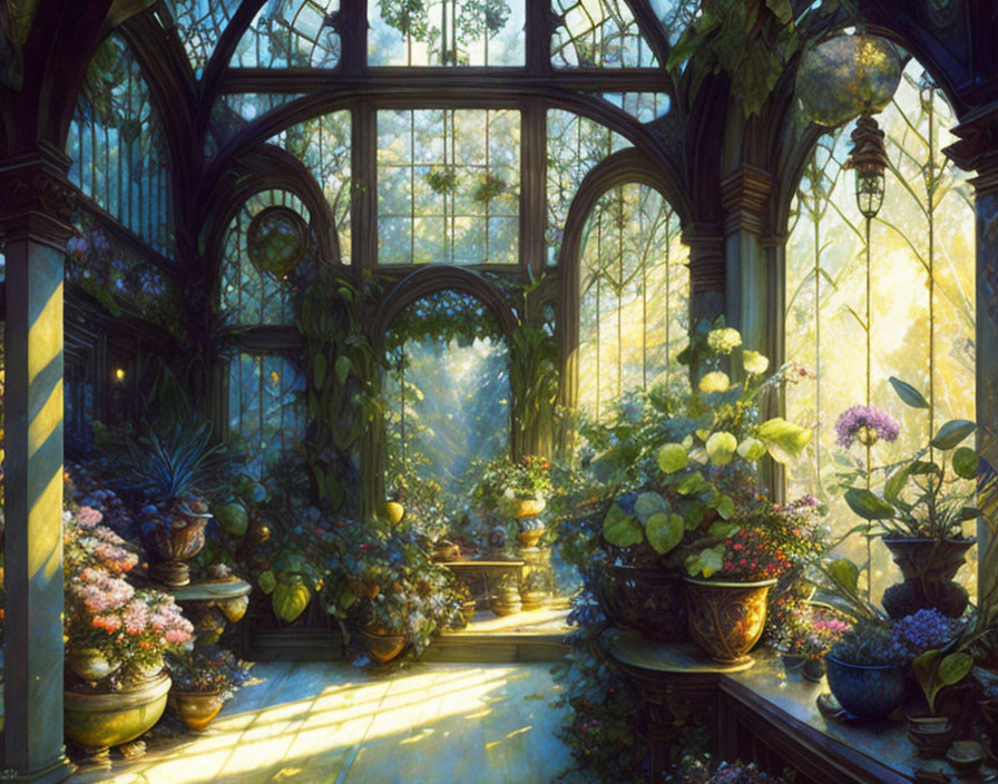 Greenhouse filled with lush plants and flowers under sunlight glow