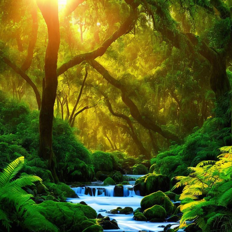 Lush Green Forest Canopy Over Serene Stream