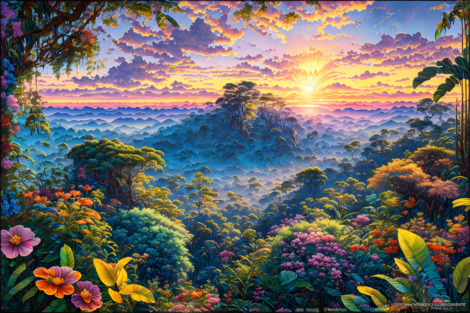 Colorful sunrise jungle landscape with misty hills and lush flora