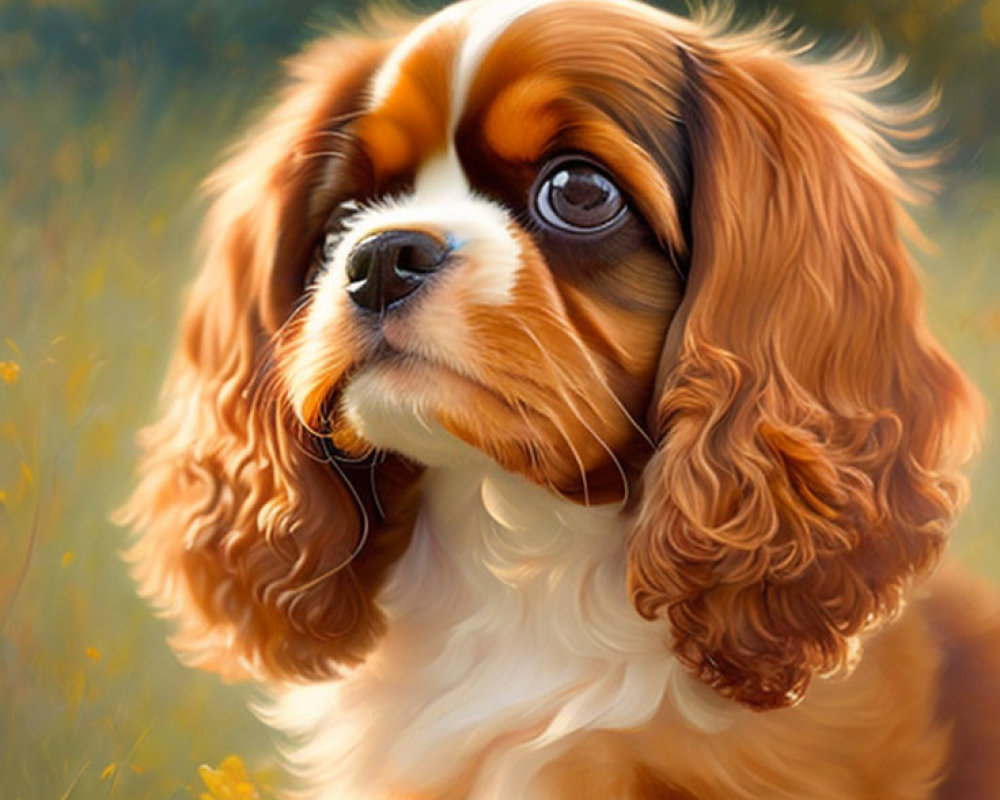 Brown and White Cavalier King Charles Spaniel Surrounded by Golden Flowers