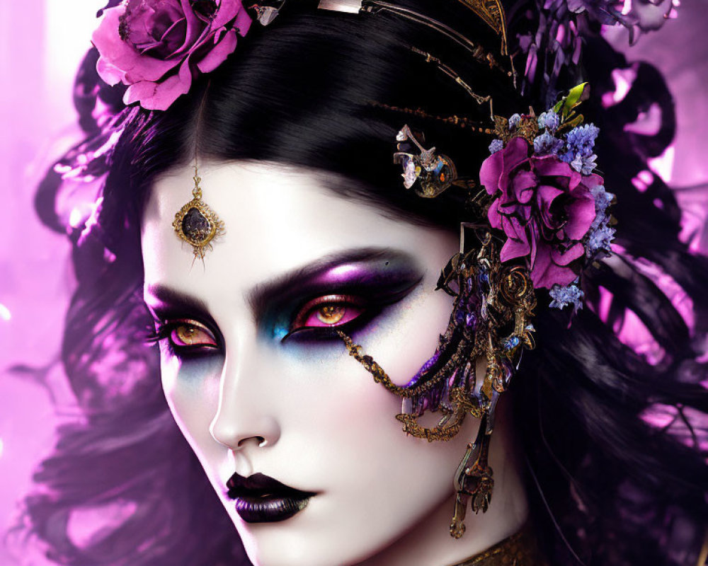 Elaborate Purple Toned Portrait with Dramatic Makeup and Headdress