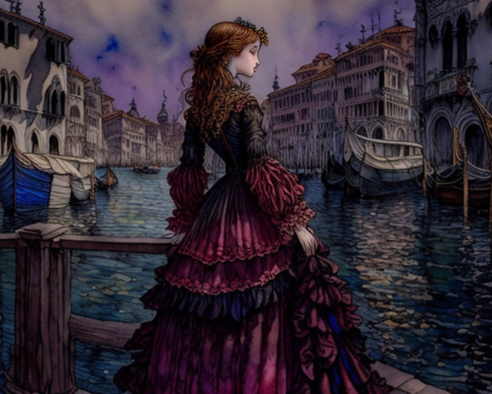 Victorian woman on dock with gondolas at twilight