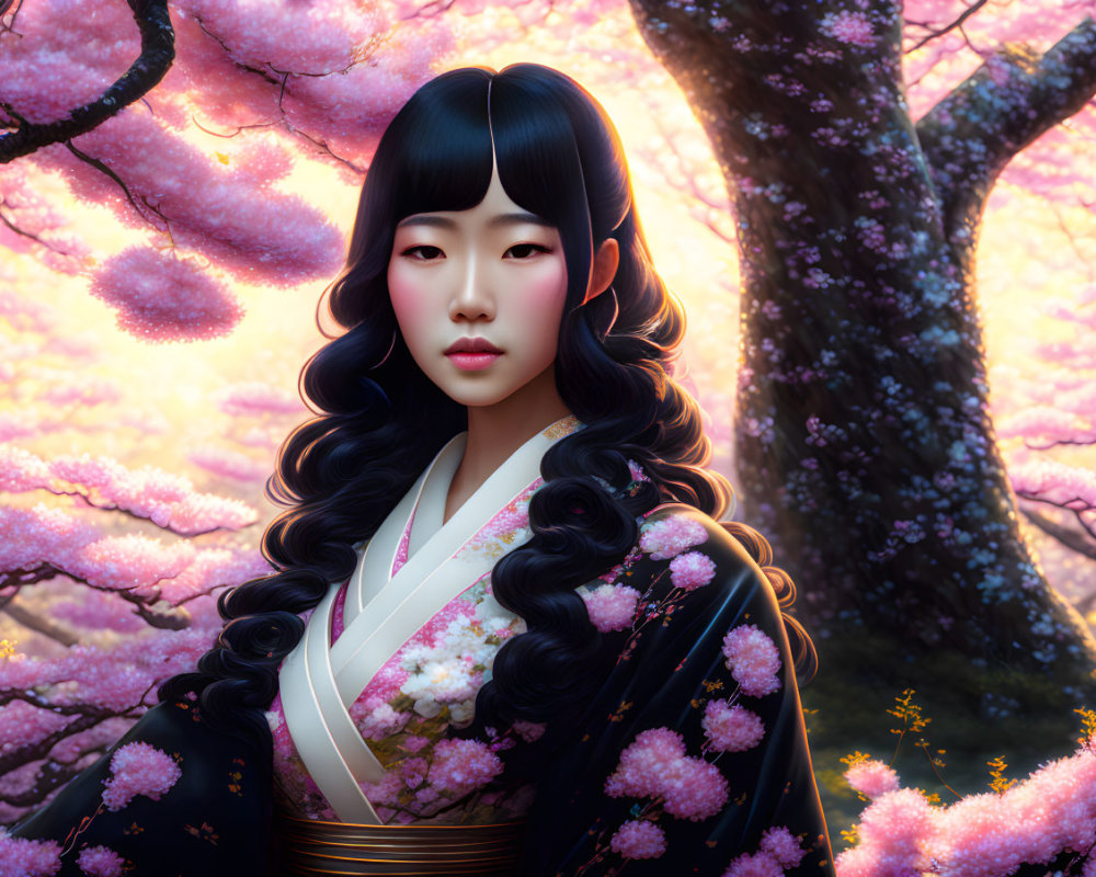 Illustrated woman in kimono under pink cherry blossoms