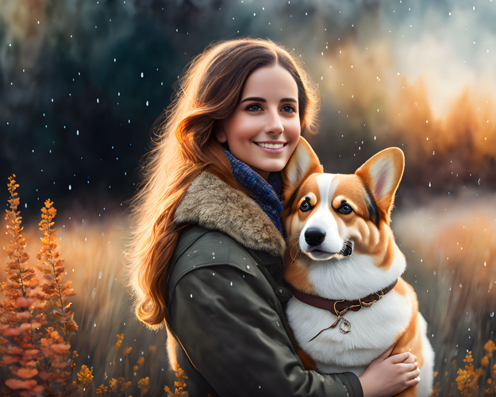 Brown-haired woman smiling with Corgi dog in autumnal setting.