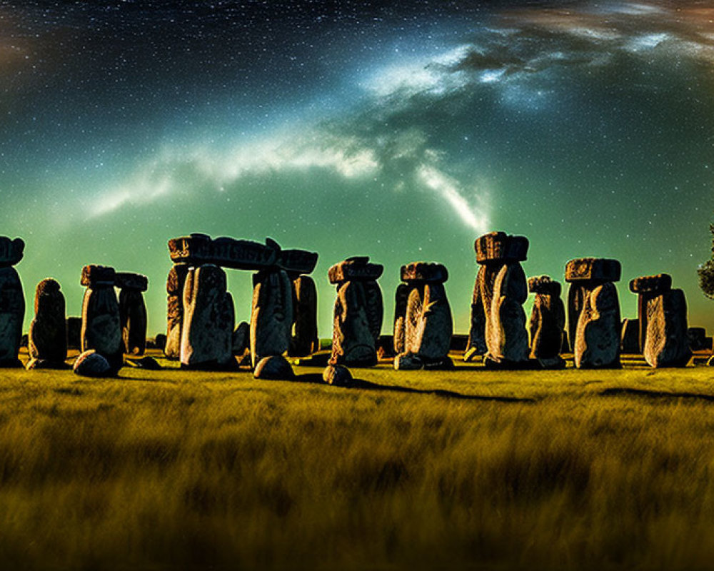 Ancient Stonehenge with Milky Way and Celestial Objects on Grassland