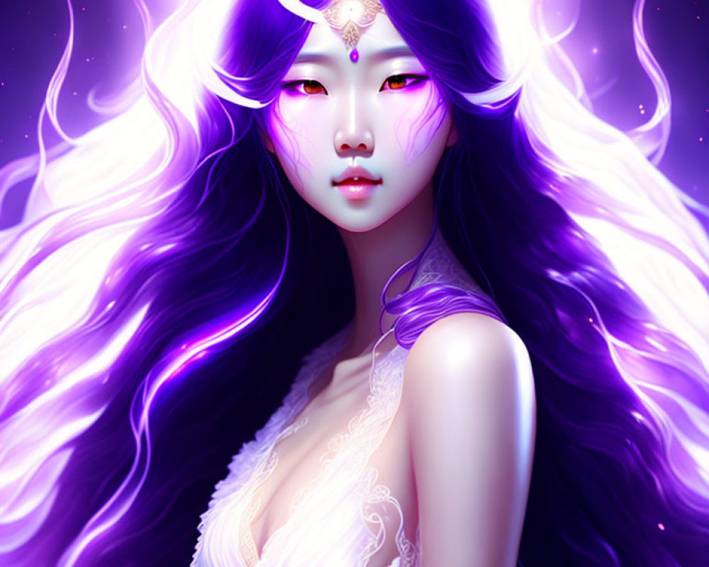 Digital illustration: Woman with flowing purple hair in cosmic setting