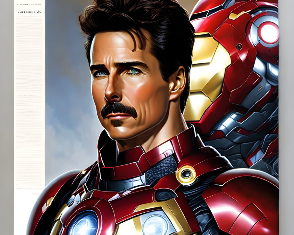 Man with well-groomed mustache in Iron Man suit with intense eyes