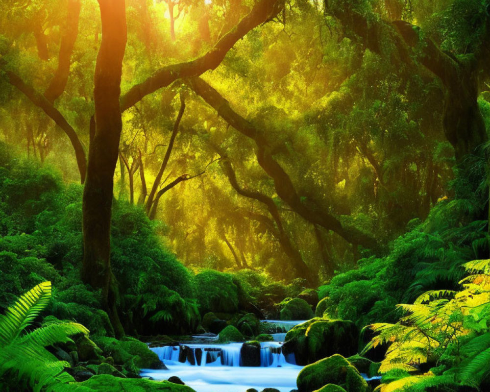 Lush Green Forest Canopy Over Serene Stream