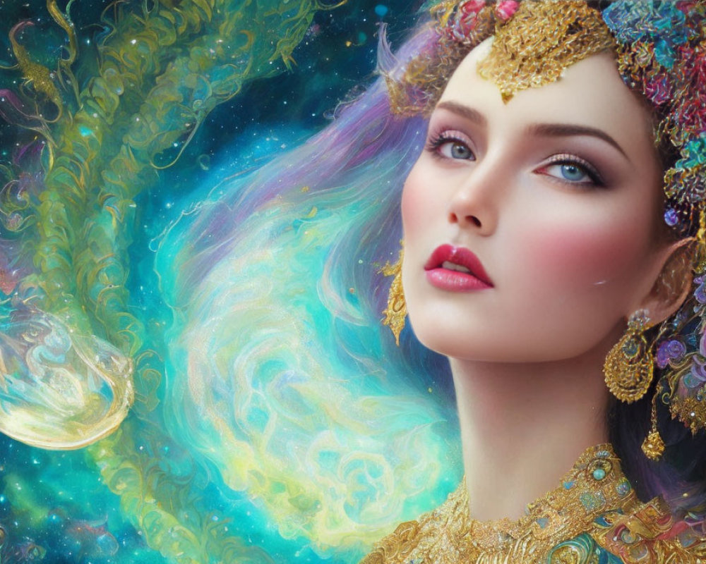 Vibrant cosmic digital art portrait of a woman with gold jewelry